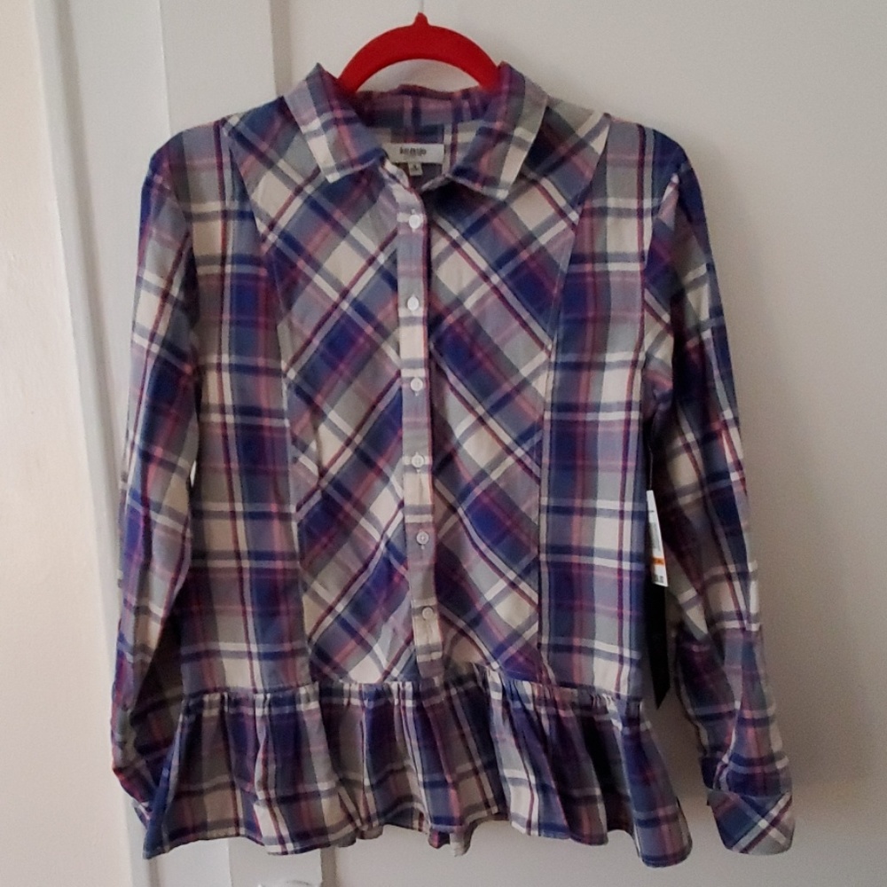 Kensie plaid ruffle peplum cotton blouse top S
